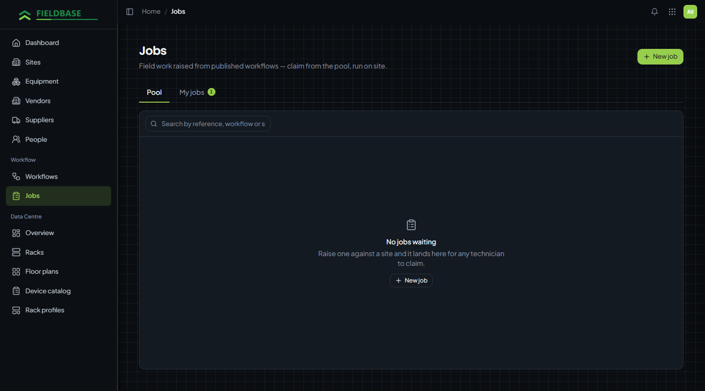 The FIELDBASE job register showing scheduled and completed work across sites.