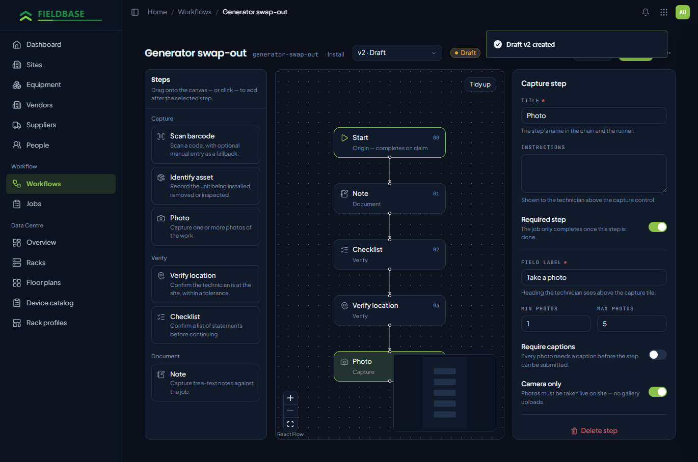 The FIELDBASE workflow builder: a generator swap-out job assembled from scan, photo, checklist and location-verification steps.